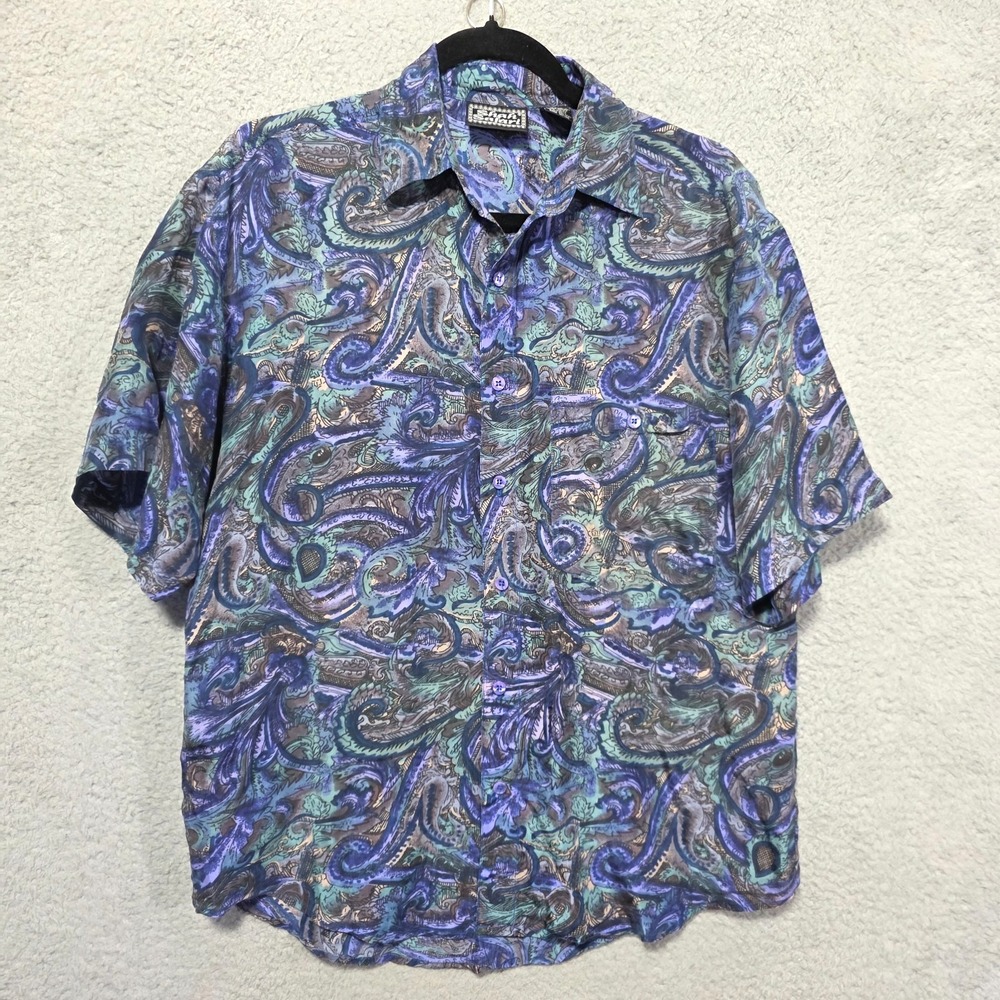 Vintage Shah Safari 100% Silk Mens Button Up‎ Blue Paisley Size Small 90s
